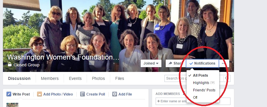 Photo instructions for notifications for Washington Women's Foundation Members Only Facebook group