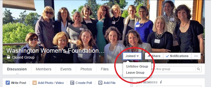 Photo instructions of how to leave Washington Women's Foundation Members Only Facebook group