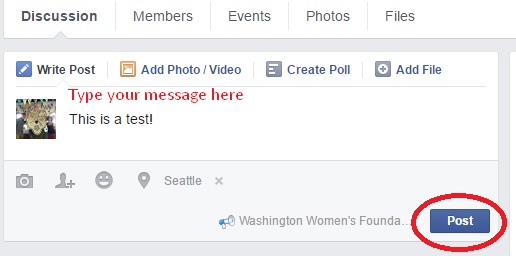 Photo instructions for posting on Washington Women's Foundation Members Only Facebook group