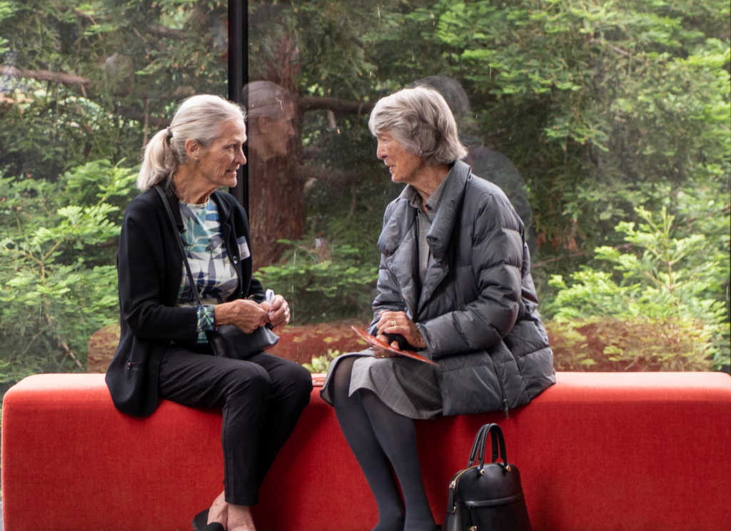 Two women seated in front of a window and talking